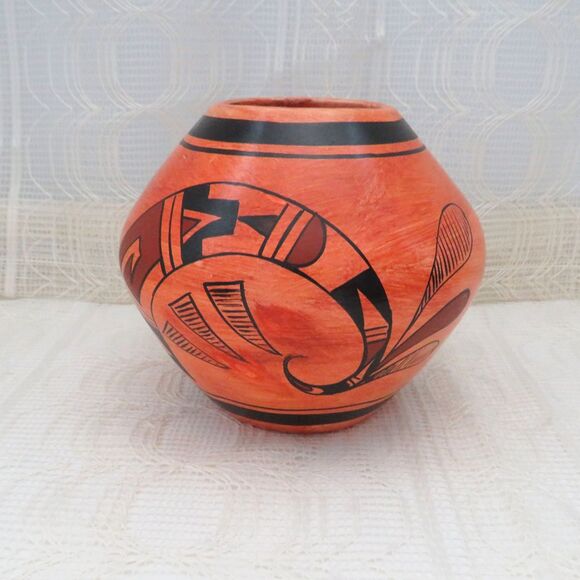 Vintage Orange Handpainted Mexican Pottery with Handpainted Hopi Style Design - Picture 3 of 10